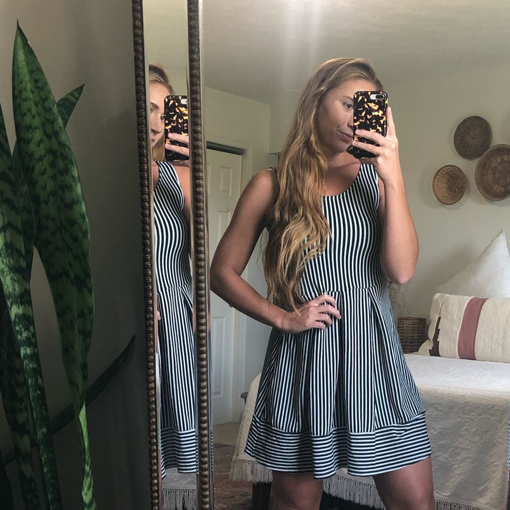 Boutique Black & White Striped Stretch Flair Dress